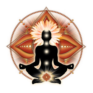 Illustration einer meditierenden Figur mit Energiezentren und Mandala. Symbol für Achtsamkeit, Energiefluss und Bewusstsein.